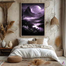 Poster Mystic Moonlit Valley - Monocromo Fantasy