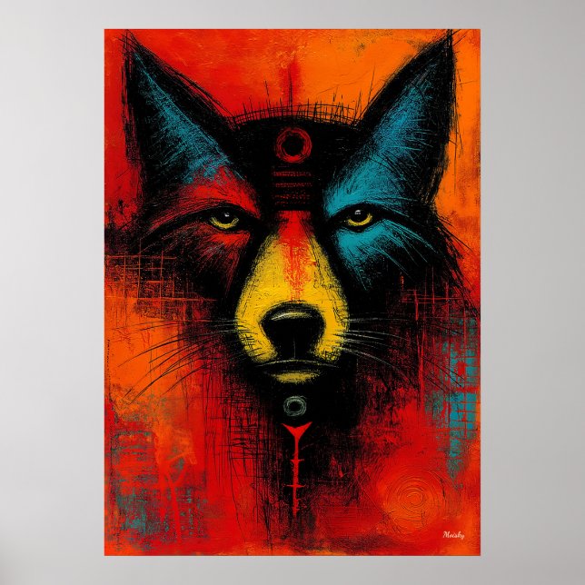 Poster Mystic Wolf Face in Color Fields Expressionist  (Frente)