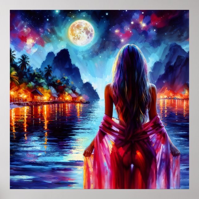 Poster Mystic woman under full moon reflections art (Frente)
