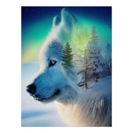 Póster Mystical Arctic Wolf & Aurora Borealis Double Expo