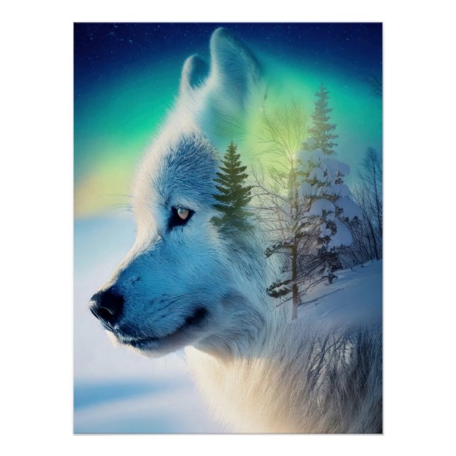 Póster Mystical Arctic Wolf & Aurora Borealis Double Expo (Frente)