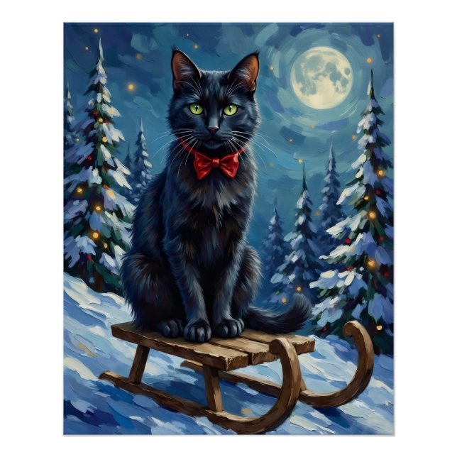 Póster Mystical Black Cat Enchanted Winter Sled Christmas (Frente)