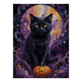 Póster Mystical Black Cat Halloween Pumpkins Luar
