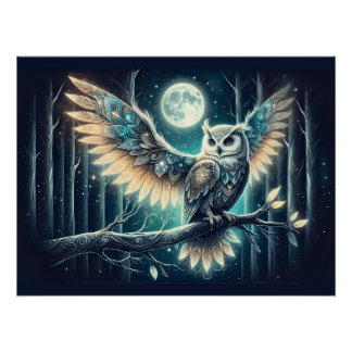 Póster Mystical Moon Owl Celestial Forest Glow