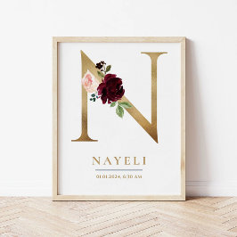 Poster N - Letra Monograma Nome Marsala Floral Nursery