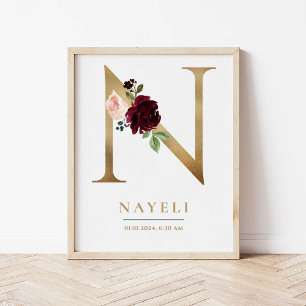Poster N - Letra Monograma Nome Marsala Floral Nursery