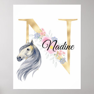 Poster N letra monograma personalizado com cavalo