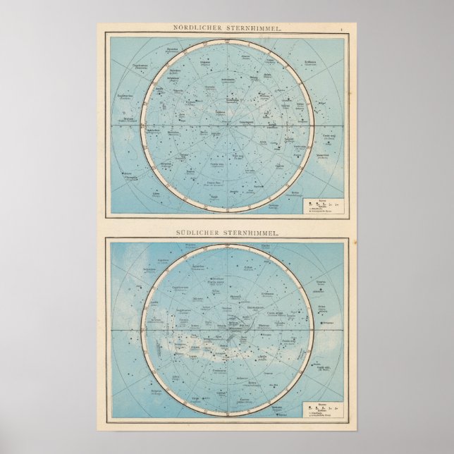 Póster N, S Sternhimmel Celestial Mapa do Atlas (Frente)