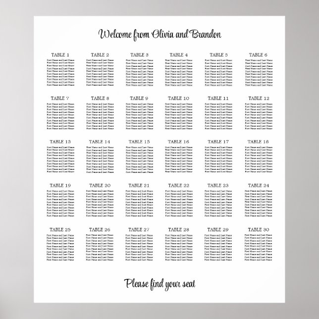 Poster na moda 30 Mesa de Gráfico de Casamento (Frente)