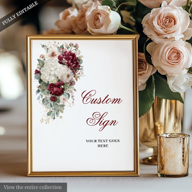 Poster Na moda Boho Burgundy - Sinal de Casamento Floral  (Stylish Boho Burgundy White Floral Wedding Sign)