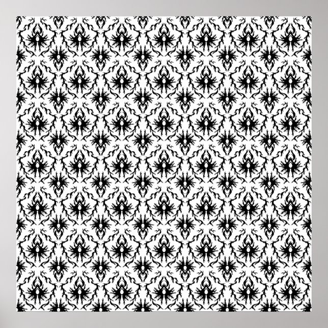 Póster Na moda Damask Design, preto e branco. (Frente)
