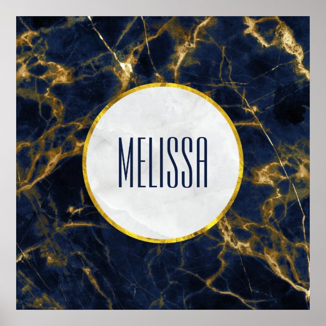 Poster Na moda marinho Azul e Dourado Marble Moderno (Frente)