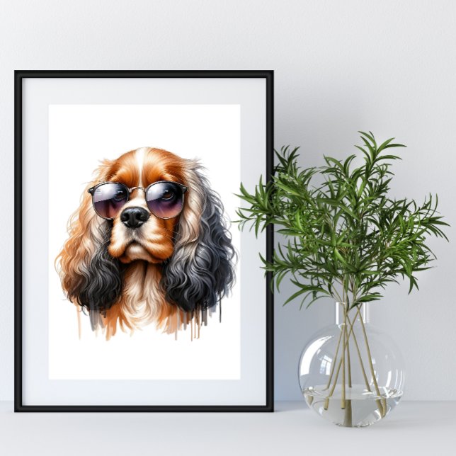 Poster Na moda Spaniel em óculos escuros Aquarela Pet Art (Criador carregado)
