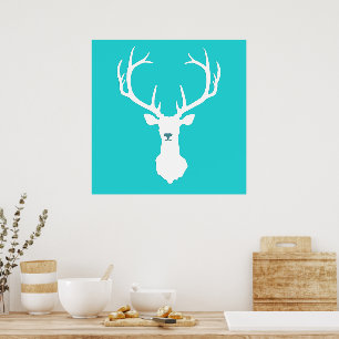 Poster Na moda Turquoise White Tail Deer Head Silhoule