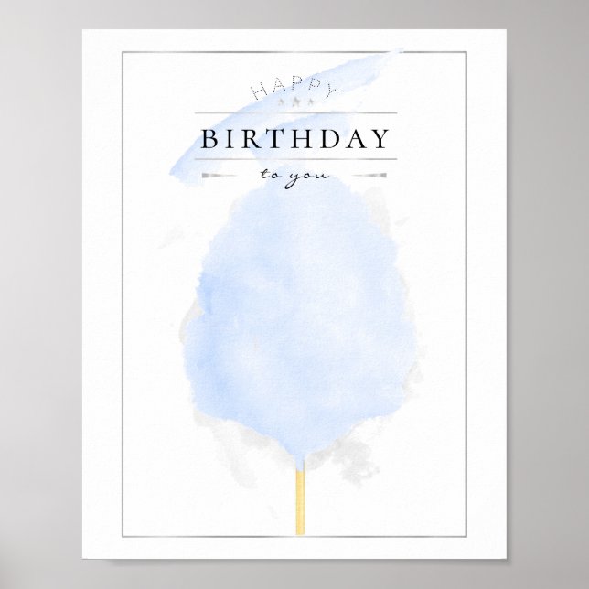 Poster Na moda Watercolor Blue Cotton Candy Aniversário (Frente)