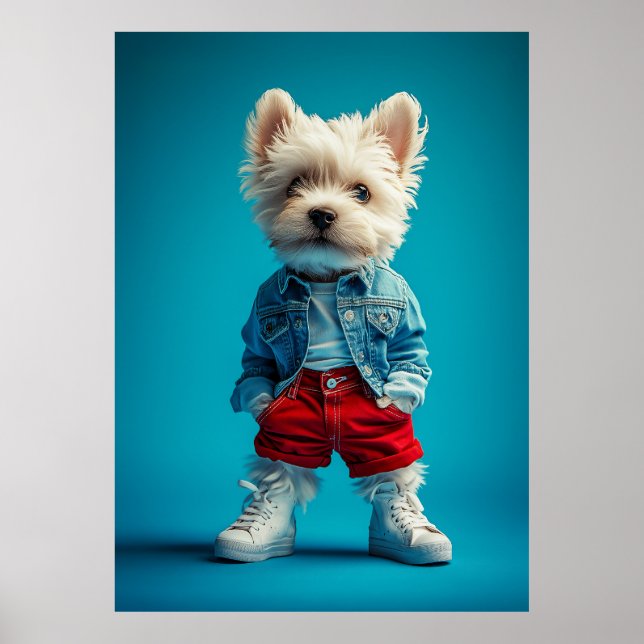 Poster Na moda Westie Pup em Denim e Sneakers (Frente)