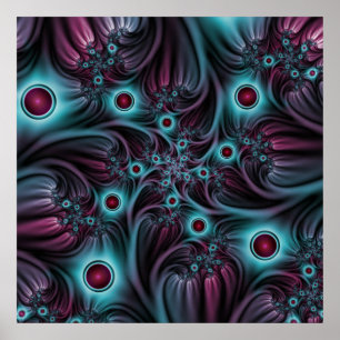 Poster Na Profundidade da Arte Fractal Abstrato Azul Cor-