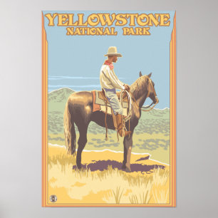 Póster Nacional de Yellowstone do vaqueiro a cavalo -