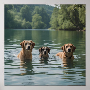 Poster Nadação Familiar de Cães - Arte Natural Tranquila