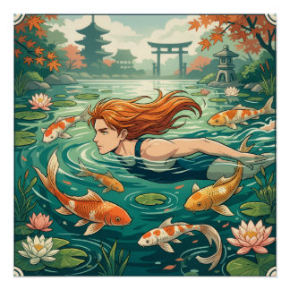 Póster Nadador Em Lago De Carpas