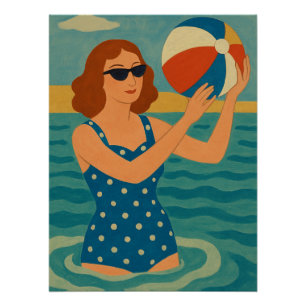 Póster Nadador Vintage com Bola de Praia
