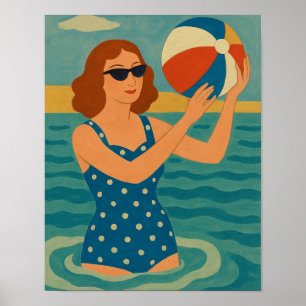 Poster Nadador Vintage com Bola de Praia