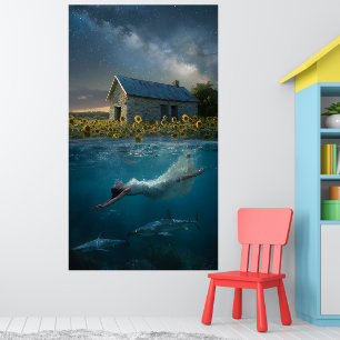 Poster Nadando Com Tubarões na Arte Surrealista da Pradar