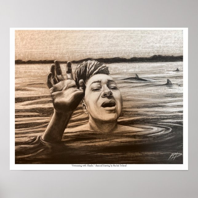 Poster Nadar com Tubarões, desenho de Rachel Dolezal (Frente)