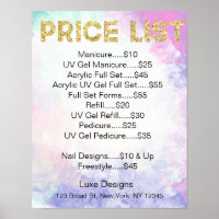 Nail Salon Price List Watercolor, Glitter Dourado
