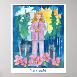 Póster Namaste Yoga Wolf Owl Bear Wildlife Watercolor