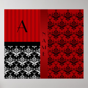 Poster Name and monogram red damask stripes