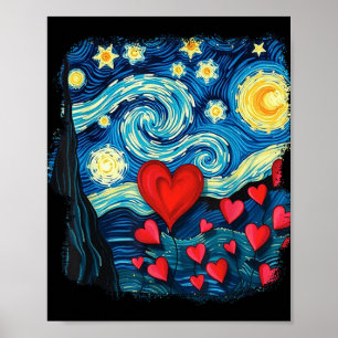 Poster Namorados Starry Night Van Gogh Love Hearts Flowe