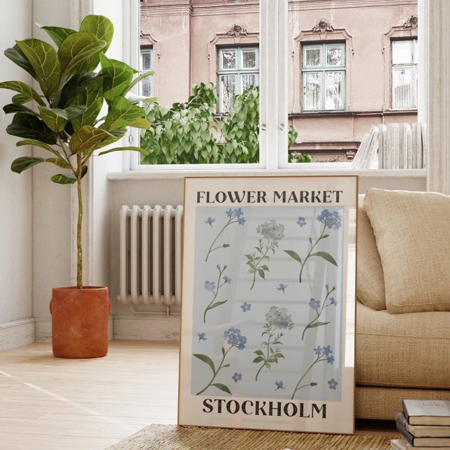 Poster Não Me Esqueça Azul Floral Aquarela Flor Mercado (In situ living room)