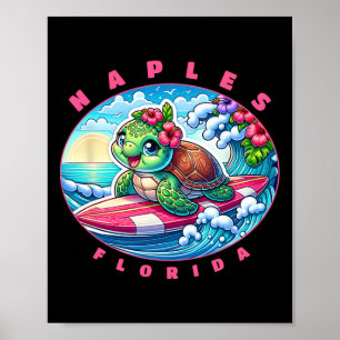 Poster Naples Flórida Garota Bonita Surfe Tartaruga Marin