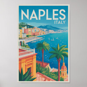 Poster Nápoles Itália Ilustração Arte de Viagem Vintage