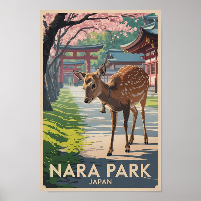 Poster Nara Park Japan Deer Illustration Travel Art Retro (Frente)