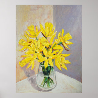 Poster narcisos em vidro vaso aquarela