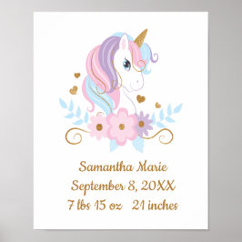 Poster Nascença Stats Unicorn Pink Blue Dourado, Girly