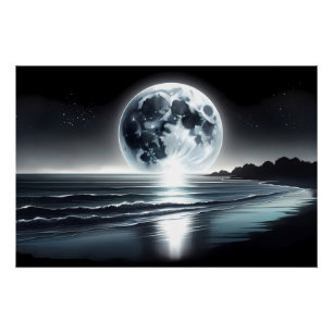 Póster Nascer da Lua Surreal Sobre a Costa do Oceano Tran