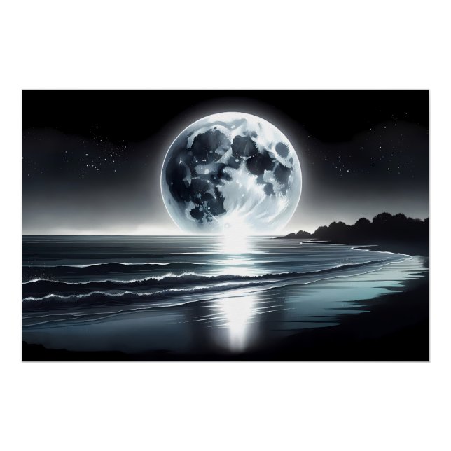 Póster Nascer da Lua Surreal Sobre a Costa do Oceano Tran (Frente)