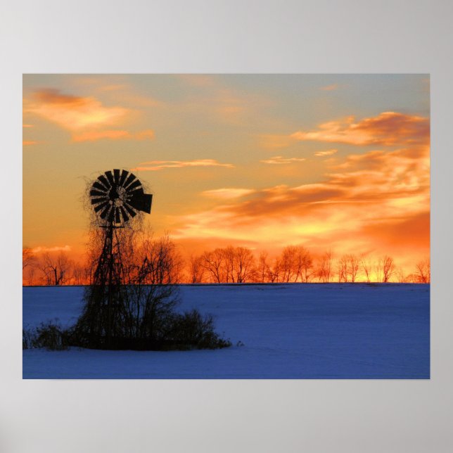 Poster Nascer do Sol da Manhã com Moinho de Vento no Inve (Frente)