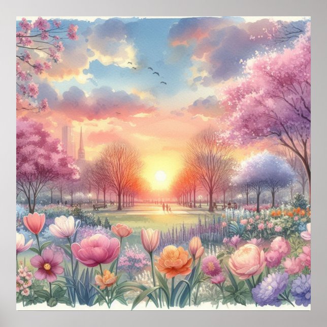 Poster Nascer do sol em um parque com flores aquarela pas (Frente)