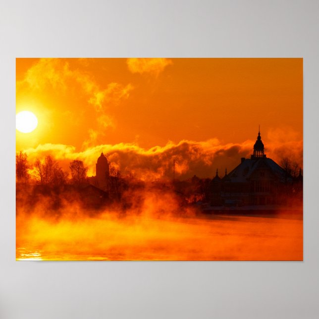 Poster Nascer do sol flamejante da manhã em Helsinque pôs (Frente)