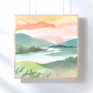 Poster Nascer do Sol na Manhã do Lago   Aquarela da Natur