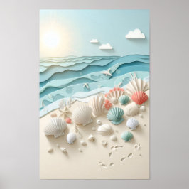 Poster Nascer do sol na praia e conchas