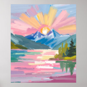 Poster nascer do sol sobre montanhas aquarela