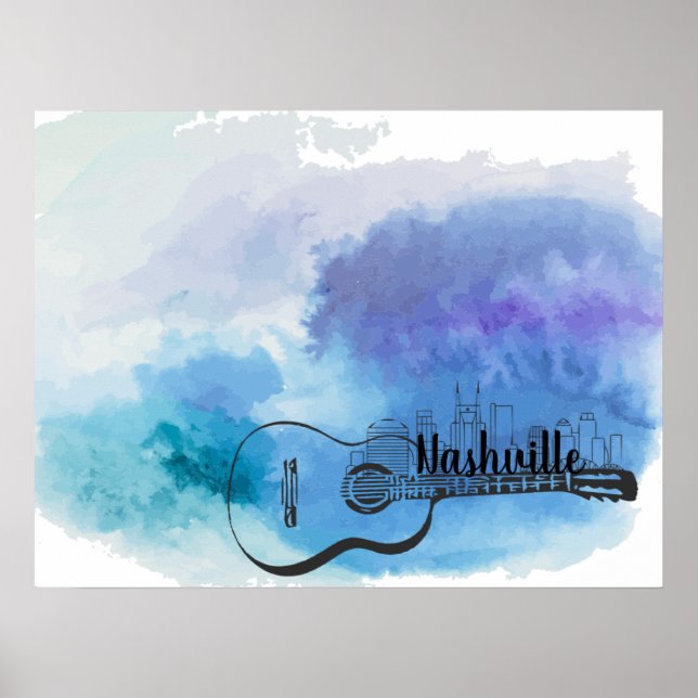 Poster Nashville Skyline Guitar Watercolor Design (Frente)