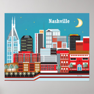 Póster Nashville, Tennessee - ilustração da skyline