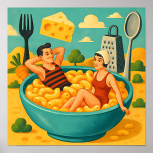 Poster Natações de Casal surreais em uma tigela de macarr