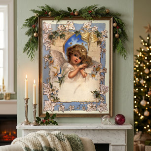 Poster Natais vintages, Anjo Vitoriano com Sinos Dourados